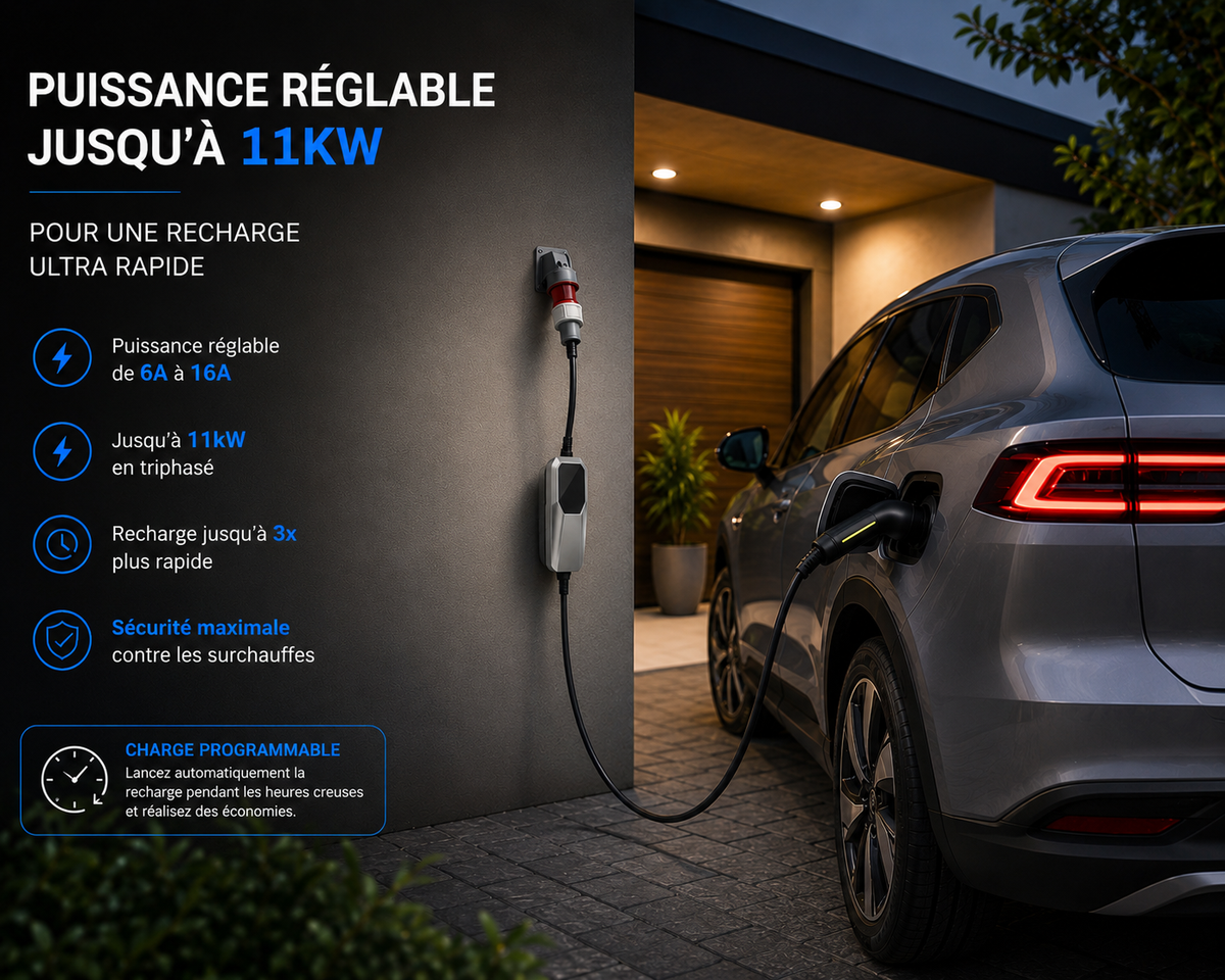 Chargeur Portable Pour Voiture Electrique 11 kW – Intensité Réglable & Charge Programmable