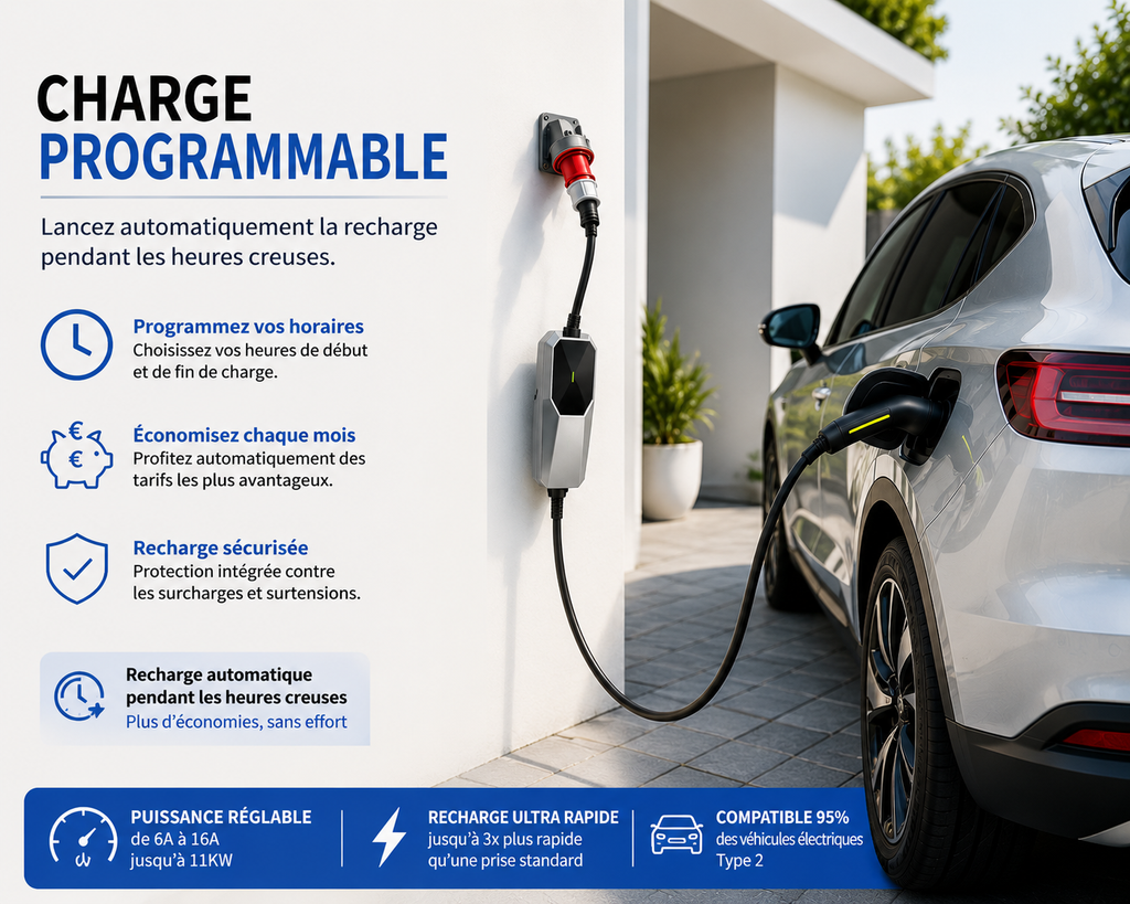 Chargeur Portable Pour Voiture Electrique 11 kW – Intensité Réglable & Charge Programmable